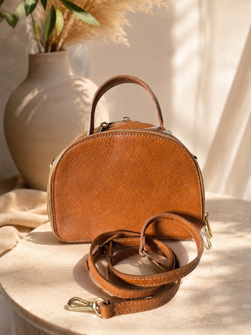 Divina Firenze Italian Leather Mini Barrel Bag Cognac Brown Crossbody